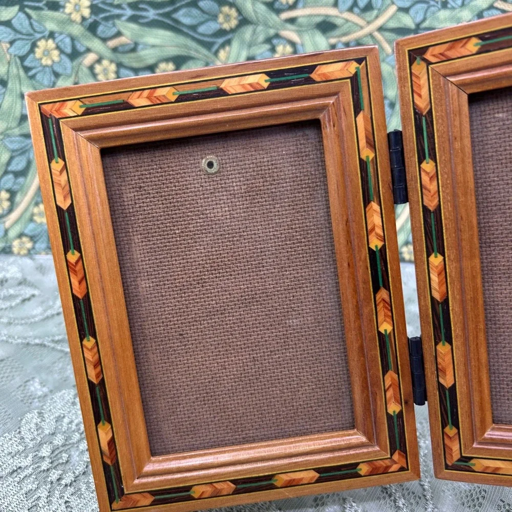 Vintage Wood Inlay Fetco Marquetry Double Frame Standing Wooden
